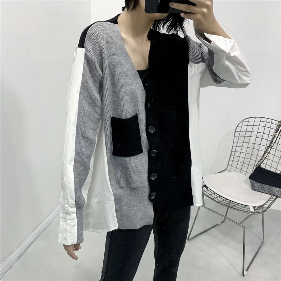 Fashion Black Single-breasted Sweater With Asymmetric Stitching,Sweater