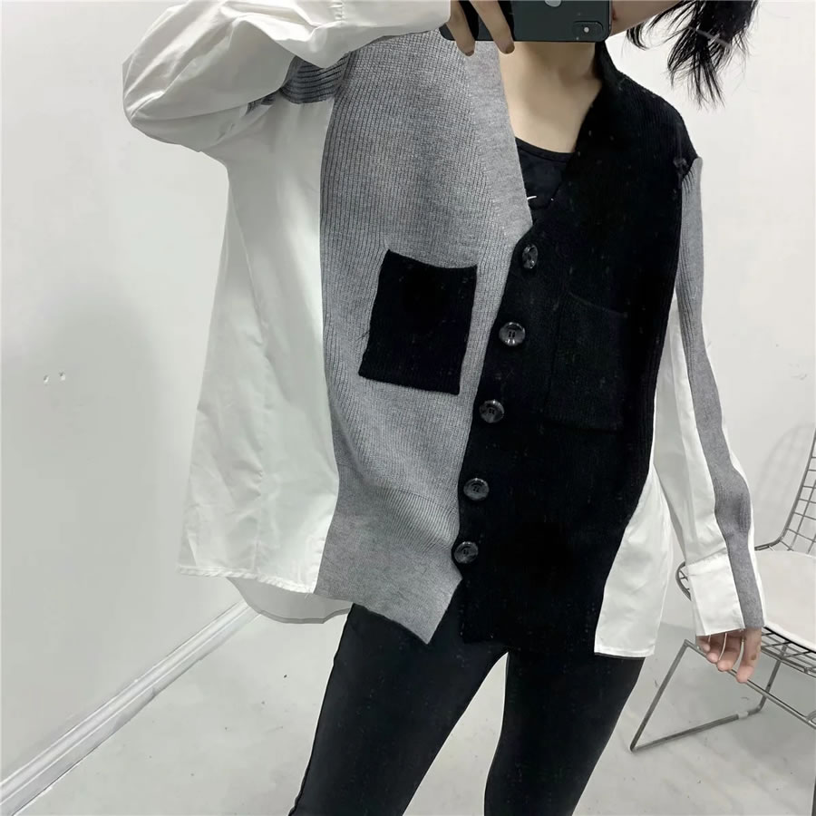 Fashion Black Single-breasted Sweater With Asymmetric Stitching,Sweater