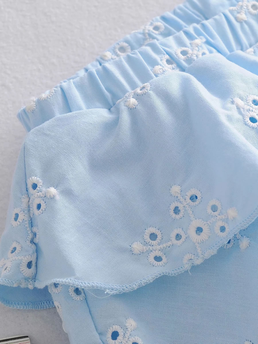Fashion Blue Bandeau Embroidered Tether Strap Ruffle Dress,Long Dress