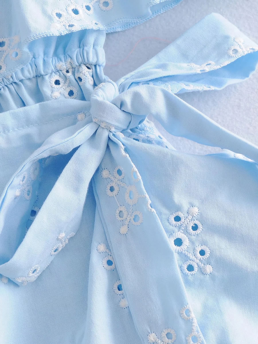 Fashion Blue Bandeau Embroidered Tether Strap Ruffle Dress,Long Dress