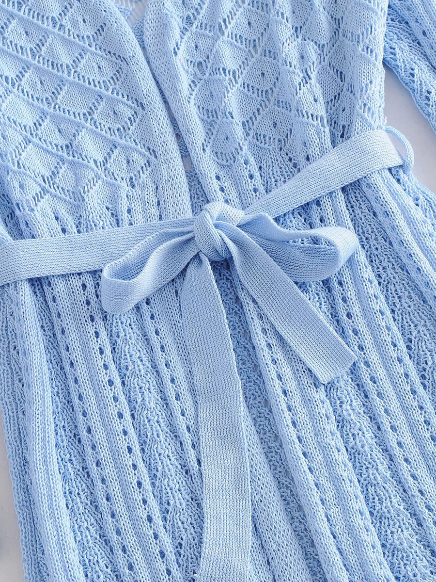 Fashion Blue Knit Cardigan Dress With Mesh Belt,Sweater