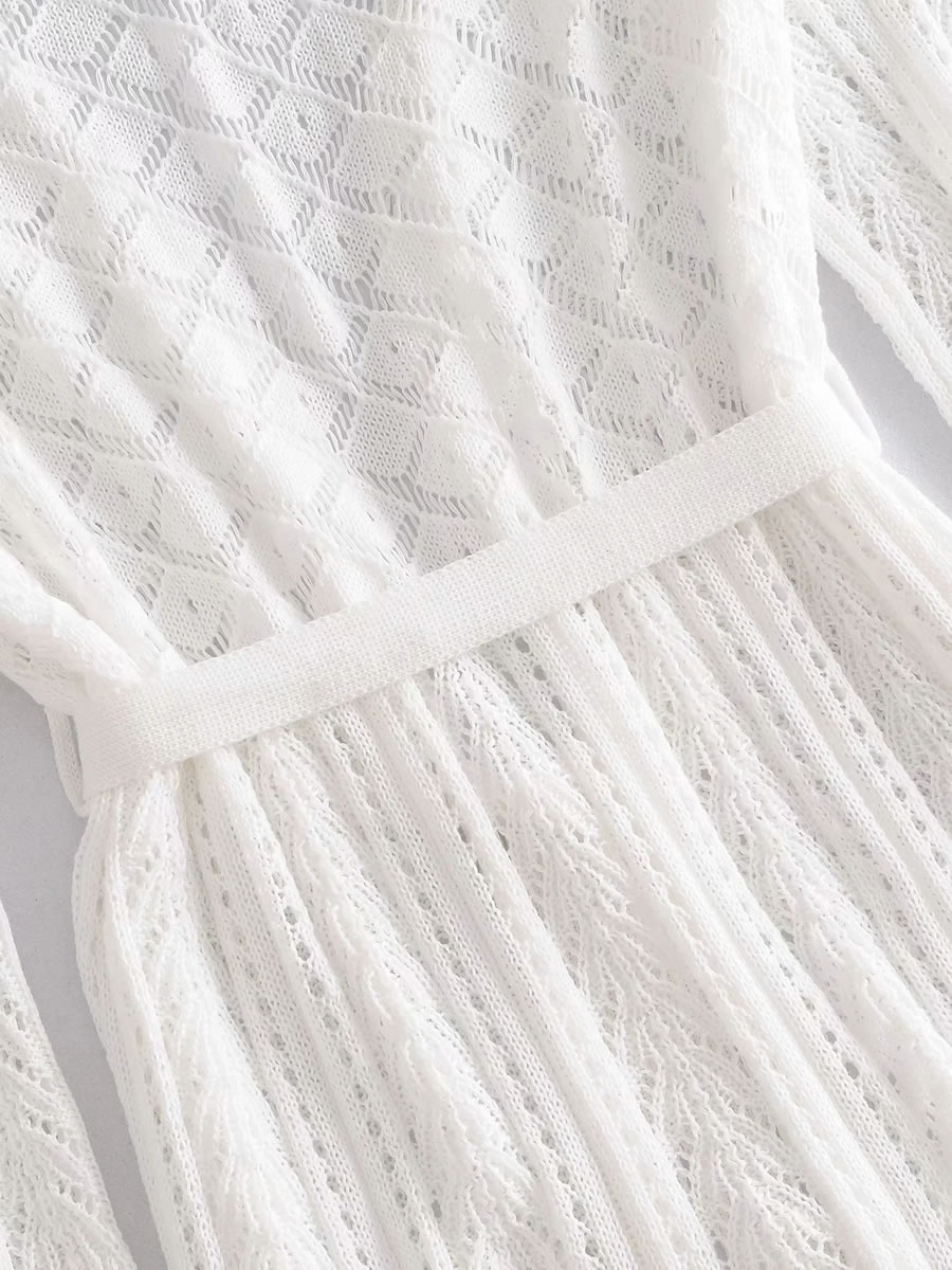 Fashion White Knit Cardigan Dress With Mesh Belt,Sweater