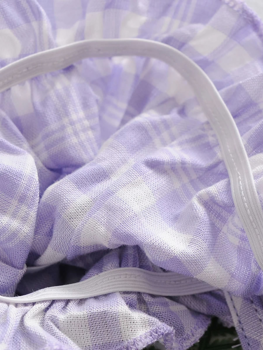 Fashion Purple Checked Drawstring Ruffle Dress,Long Dress