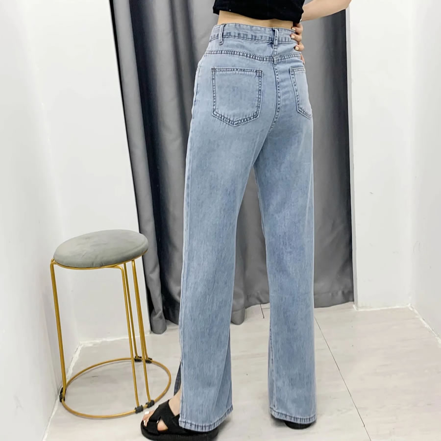 Fashion Blue Denim Slit Straight Wide-leg Trousers,Pants