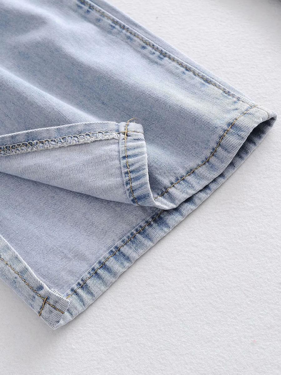 Fashion Blue Denim Slit Straight Wide-leg Trousers,Pants