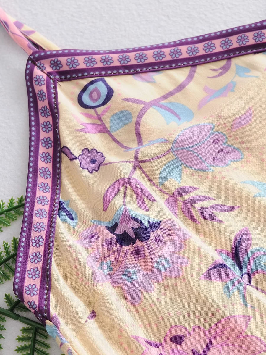 Fashion Purple Flower Print Stitching Contrast Color Suspender Skirt,Long Dress