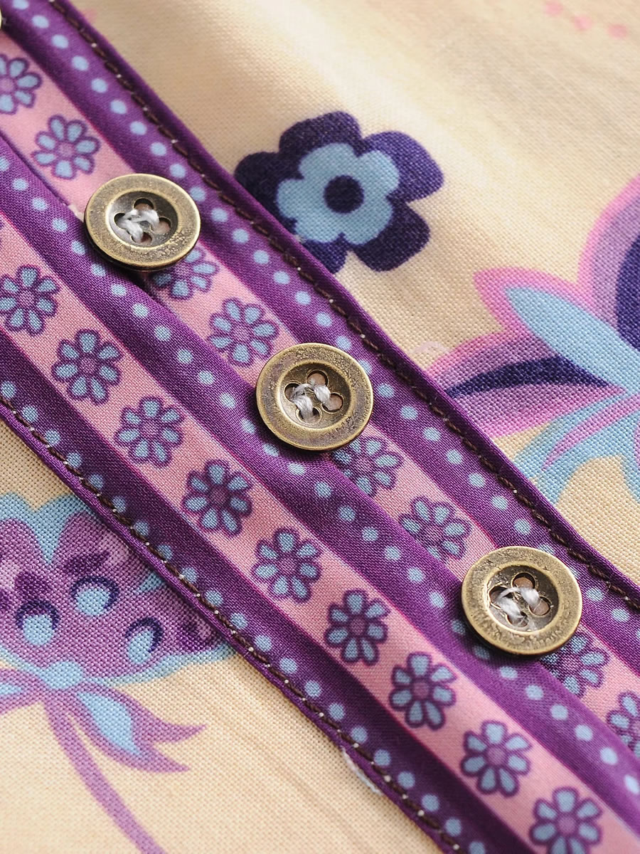 Fashion Purple Flower Print Stitching Contrast Color Suspender Skirt,Long Dress