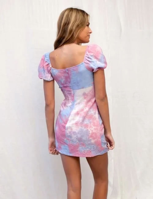 Fashion Color Tie-dyed Puff Sleeve Dress,Long Dress
