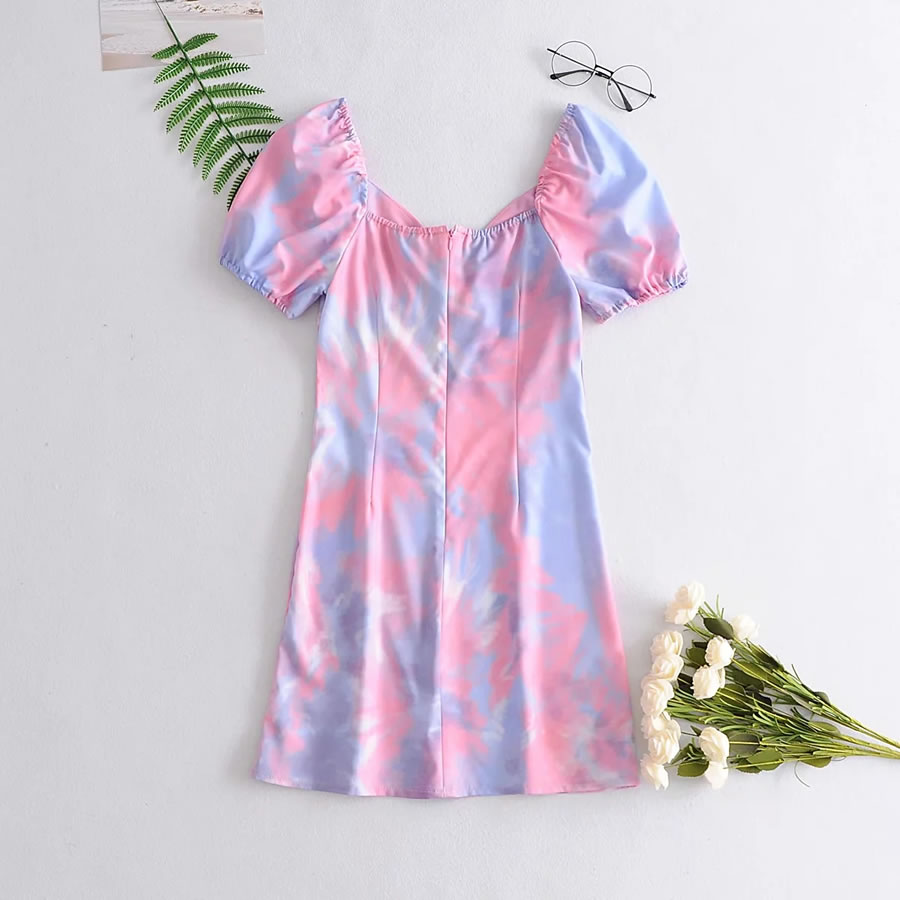 Fashion Color Tie-dyed Puff Sleeve Dress,Long Dress