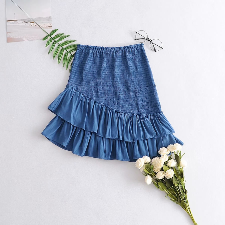 Fashion Blue Ruffled Panel Elastic Waist Skirt,Skirts