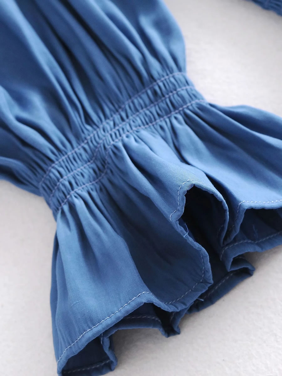 Fashion Blue Elasticated Ruffled Puff Sleeve Elastic Top,Tank Tops & Camis