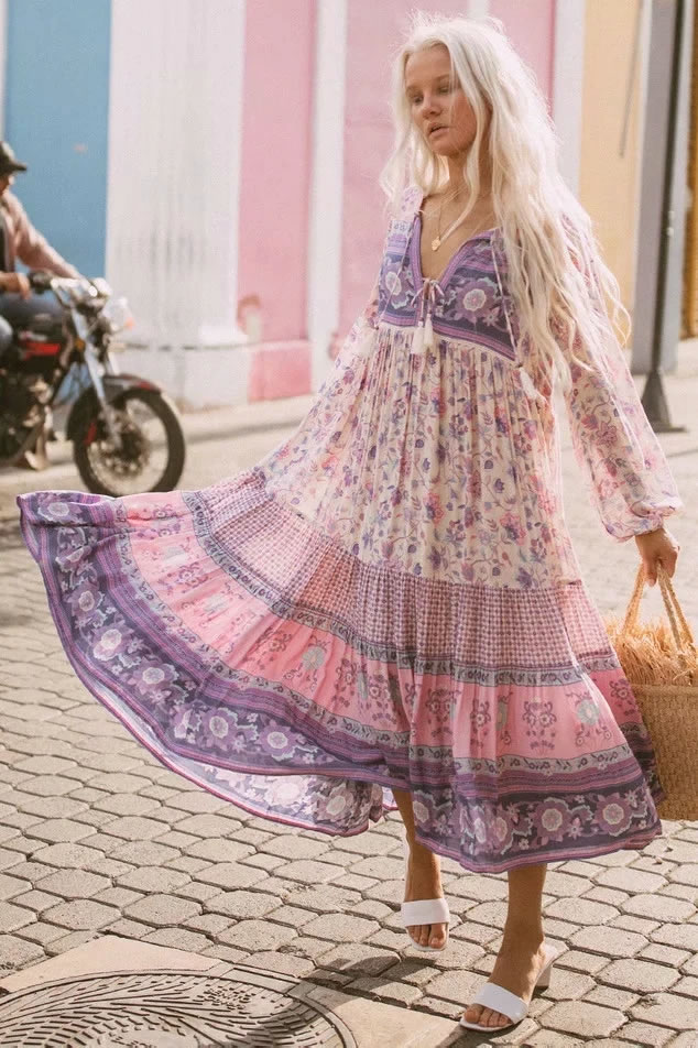 Fashion Color Floral Print Tethered Lace Contrast Dress,Long Dress