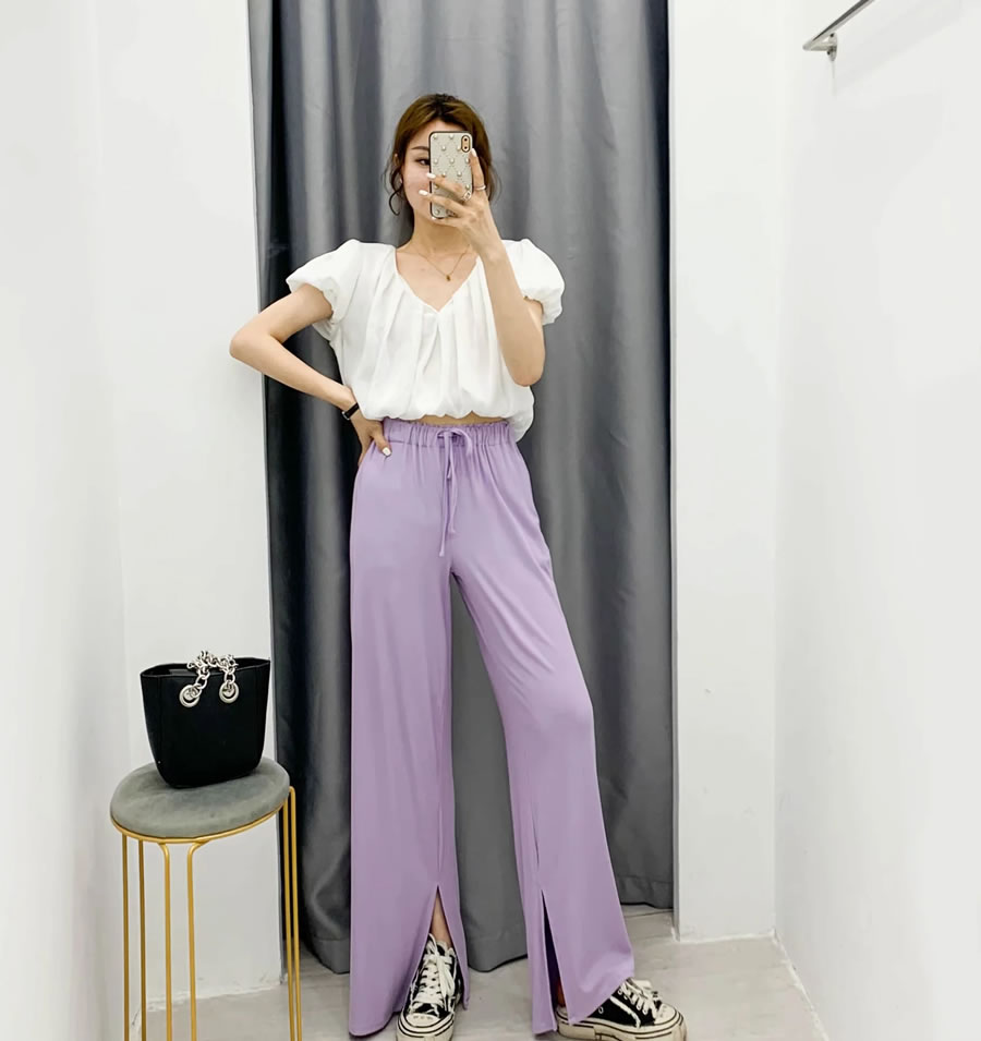 Fashion Purple Split Wide-leg Pants With Elastic Waist Straps,Pants