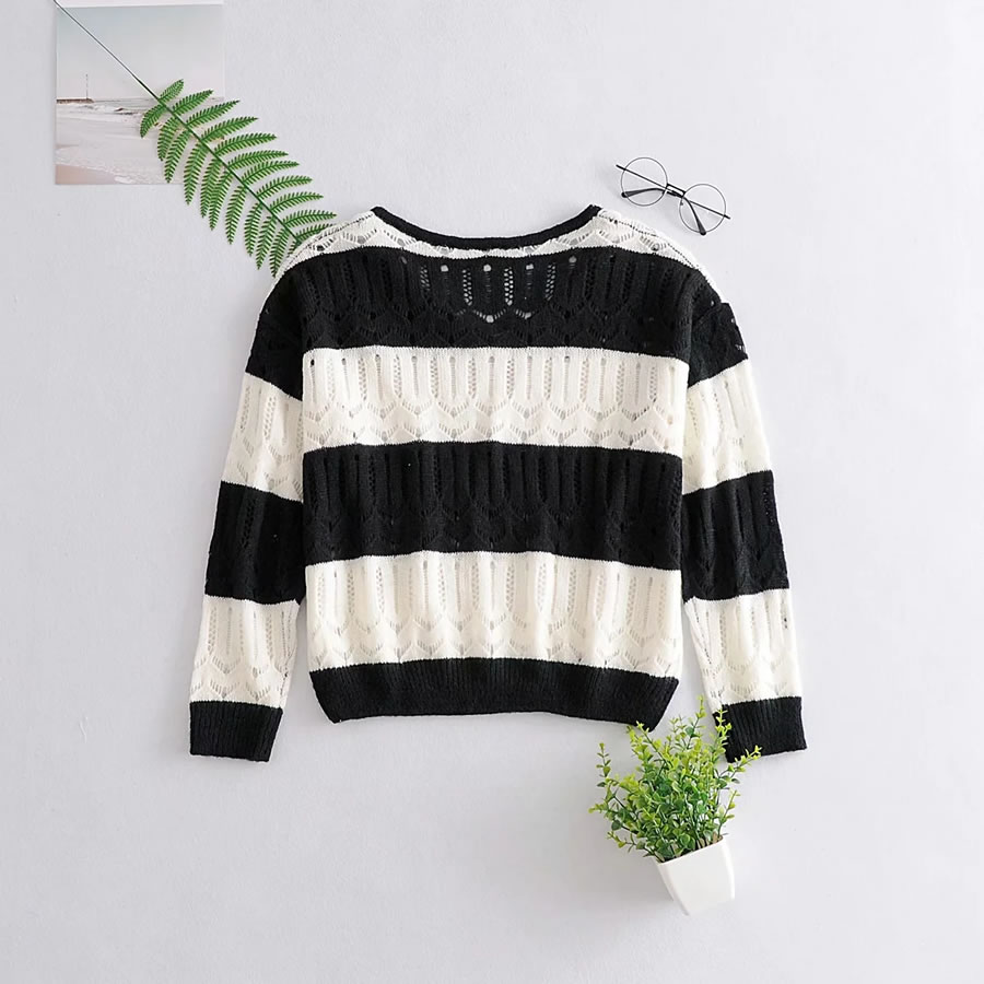 Fashion Black Splicing Contrast Color Cutout Knitted Sweater,Sweater