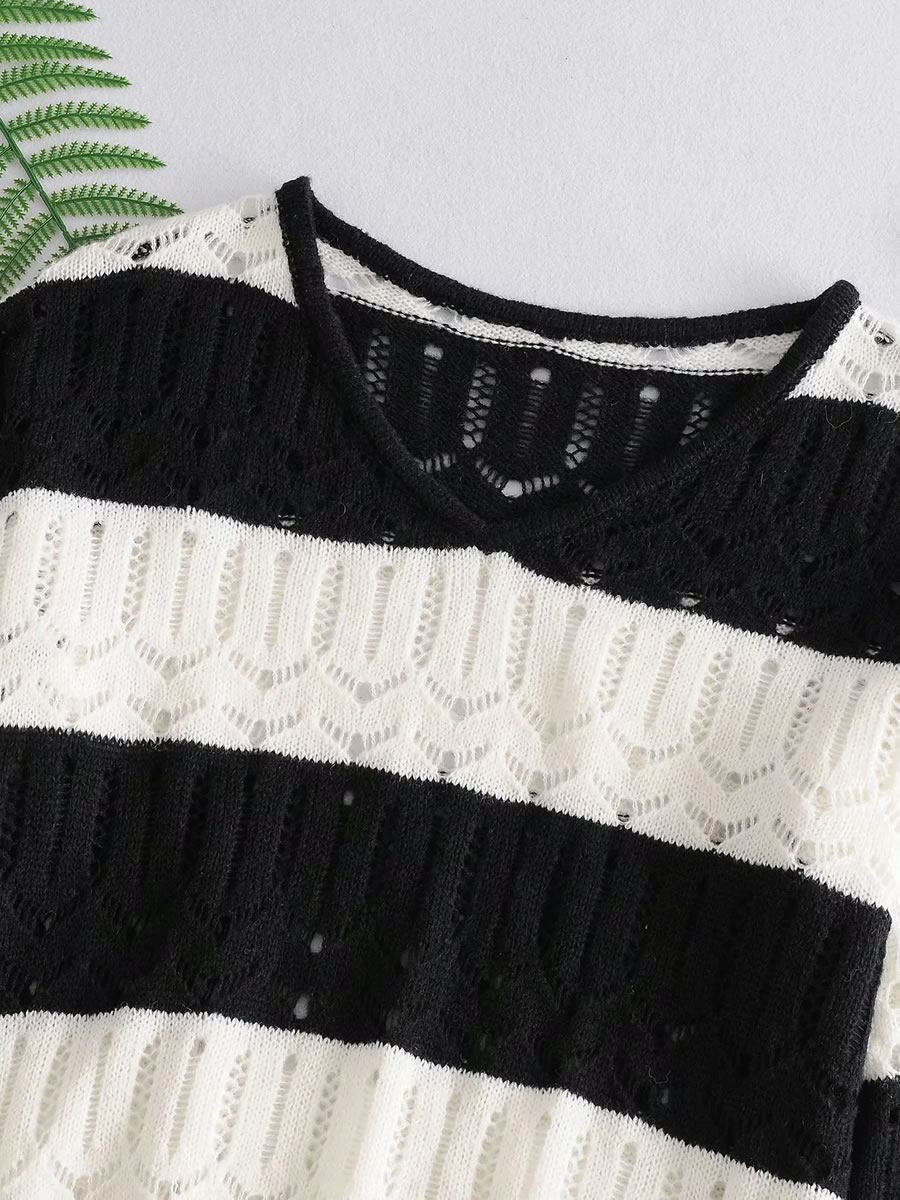 Fashion Black Splicing Contrast Color Cutout Knitted Sweater,Sweater