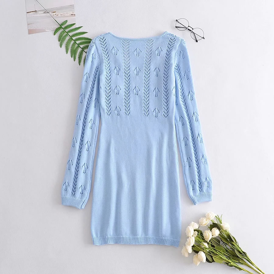 Fashion Blue Hollow Thick Knit V-neck Sweater Dress,Sweater