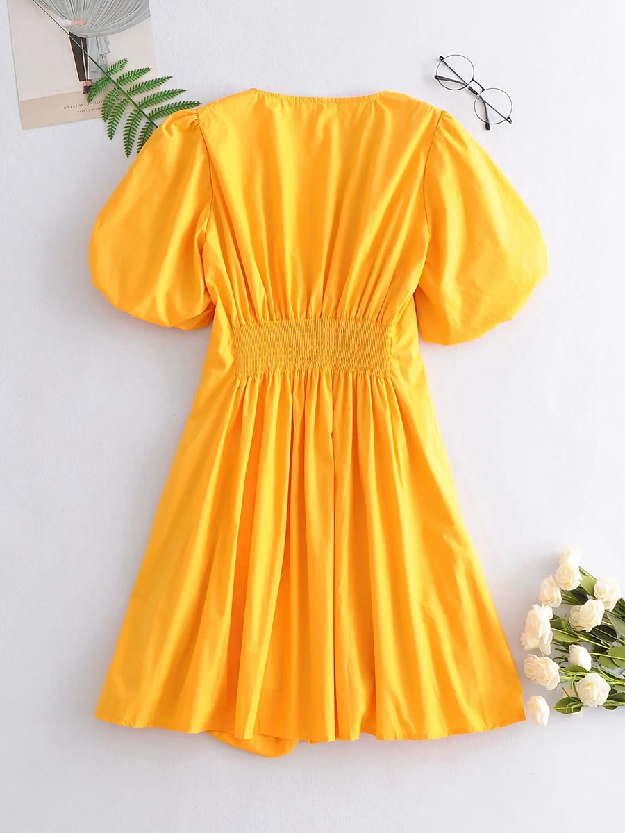 Fashion Yellow Pleated Sleeve V-neck Pleated Dress,Long Dress