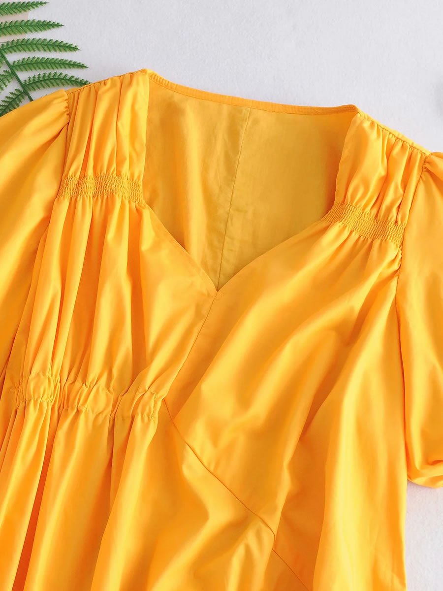 Fashion Yellow Pleated Sleeve V-neck Pleated Dress,Long Dress