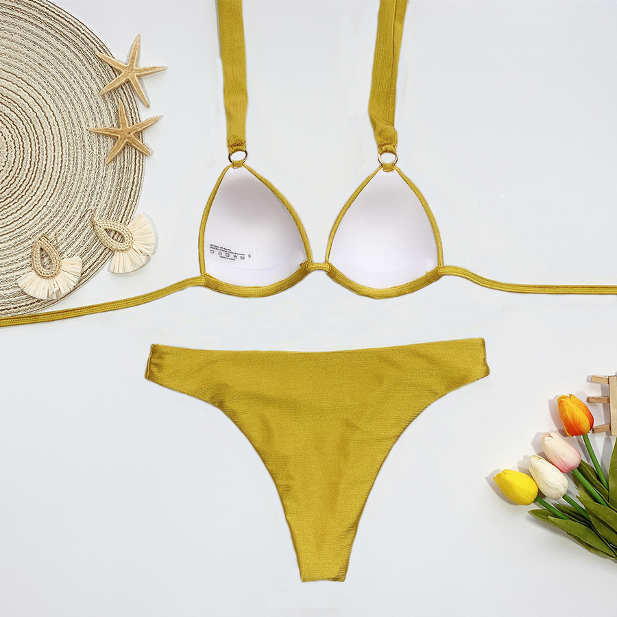 Fashion Yellow Split Swimsuit With Glitter Metal Ring,Bikini Sets