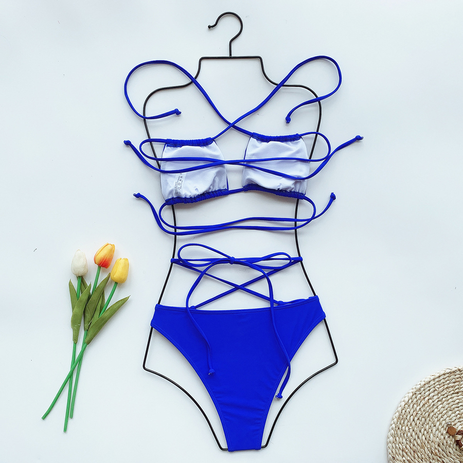 Fashion Blue Triangle Split Swimsuit With Leopard Straps,Bikini Sets