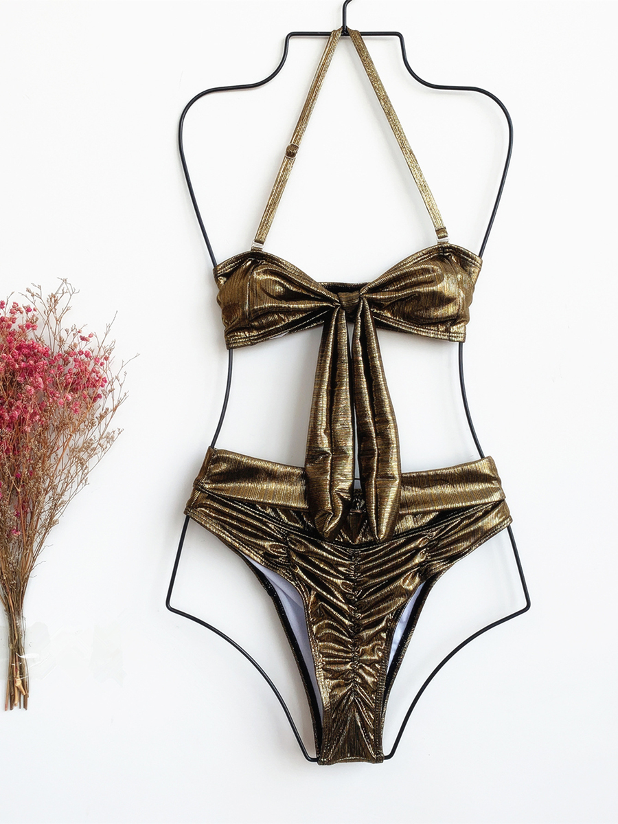 Fashion Golden Bowknot Gold Silk Pleated High Waist Split Swimsuit,Bikini Sets