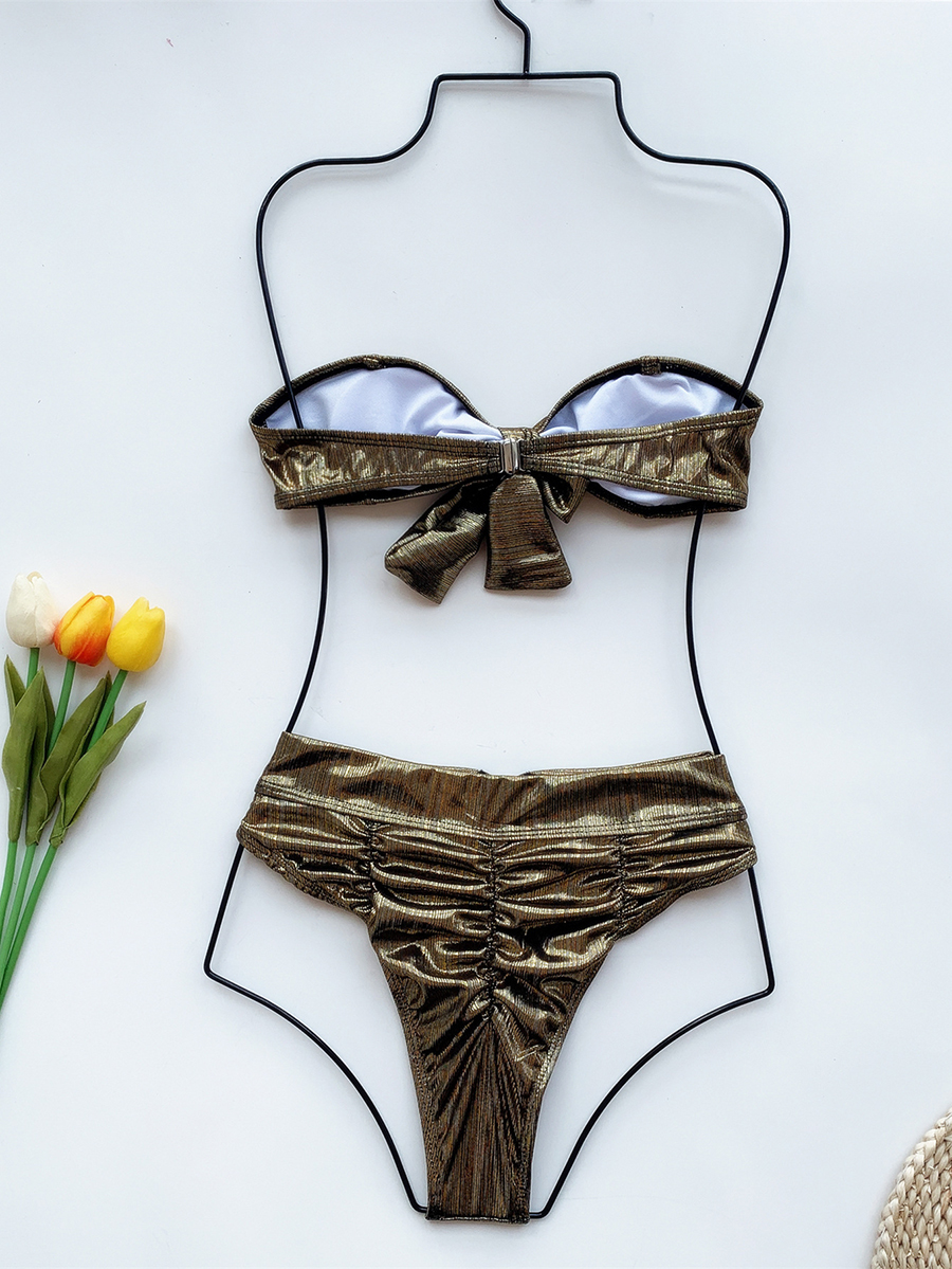 Fashion Golden Bowknot Gold Silk Pleated High Waist Split Swimsuit,Bikini Sets