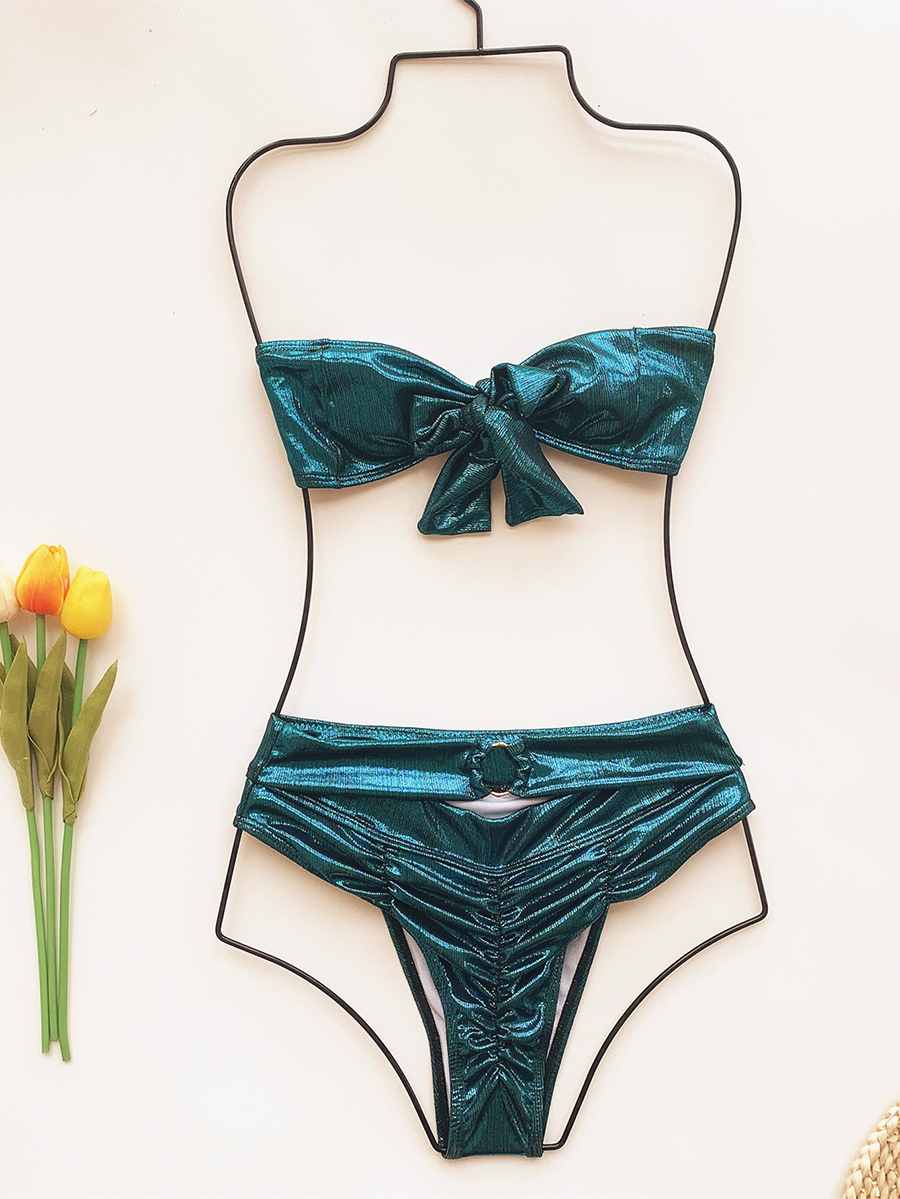 Fashion Blue Bowknot Gold Silk Pleated High Waist Split Swimsuit,Bikini Sets