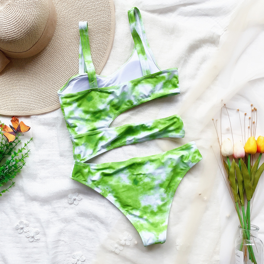 Fashion Green Printed Hollow Tie-dye One-piece Swimsuit,One Pieces