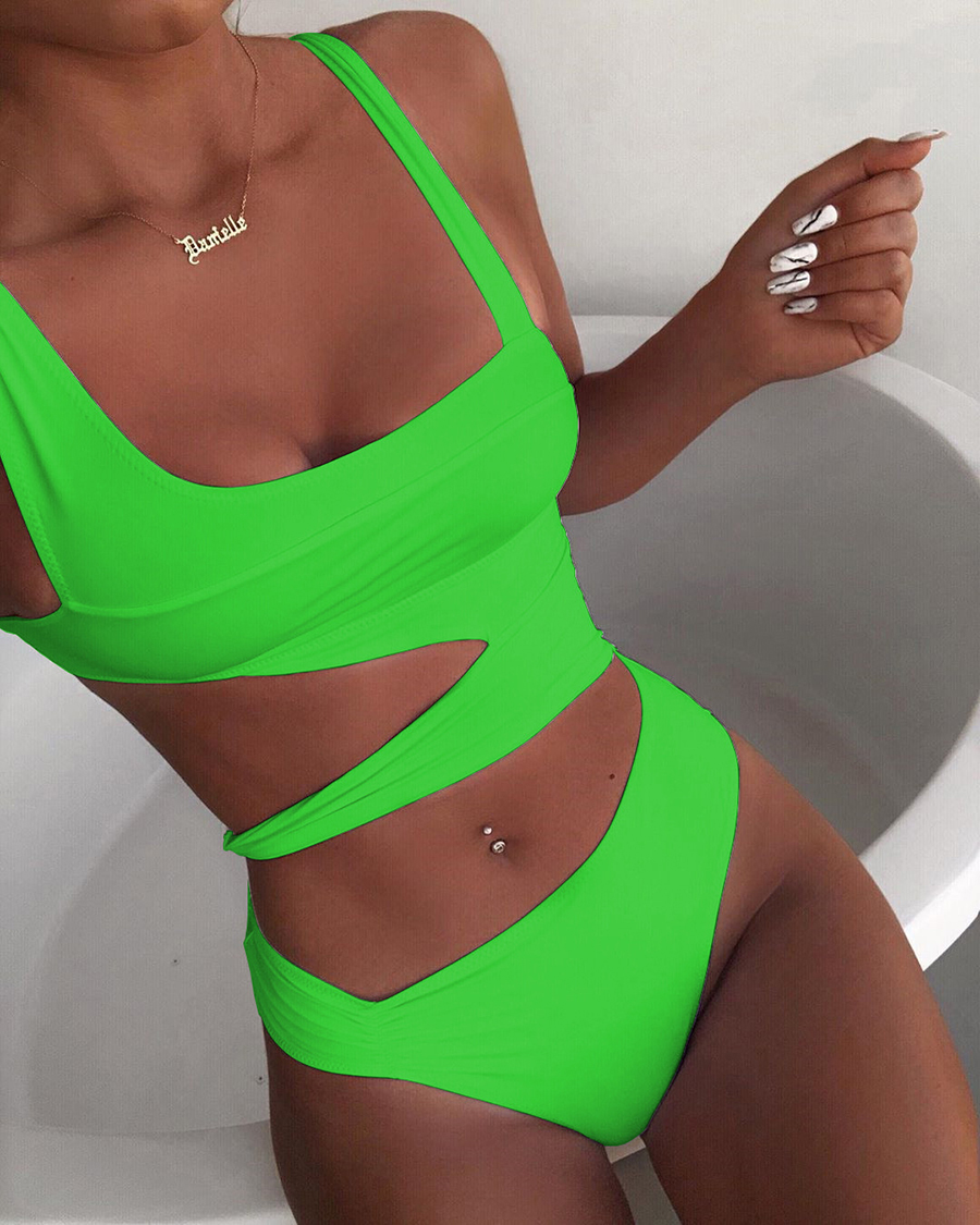 Fashion Green Print Printed Hollow Tie-dye One-piece Swimsuit,One Pieces