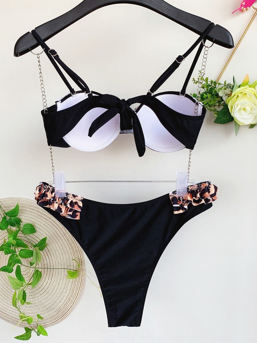 Fashion Black Leopard Print Stitching Lace Split Swimsuit,Bikini Sets