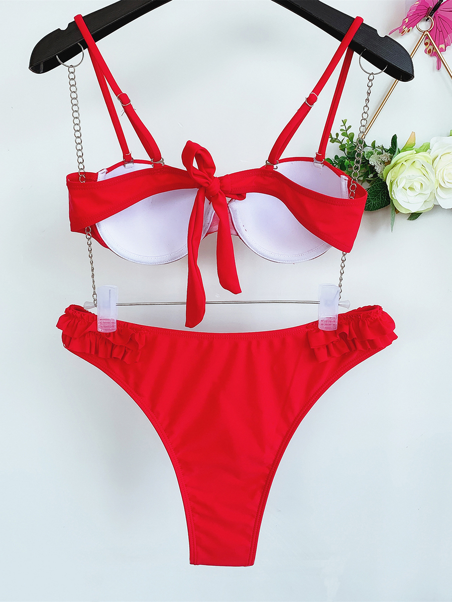 Fashion Red Leopard Print Stitching Lace Split Swimsuit,Bikini Sets