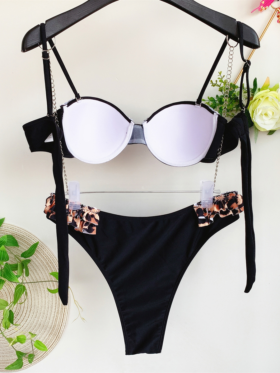 Fashion Black Leopard Print Stitching Lace Split Swimsuit,Bikini Sets