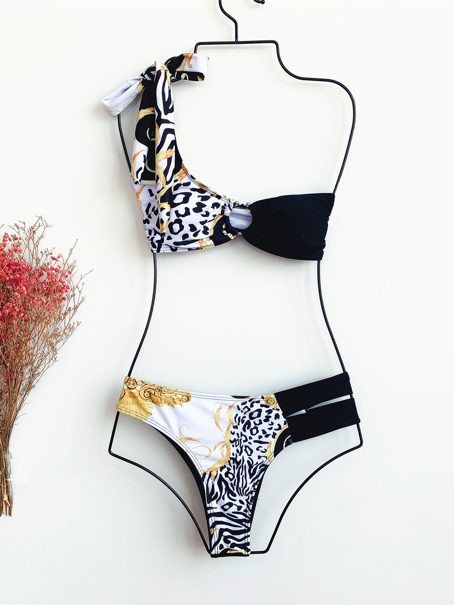 Fashion Printing One-shoulder Printed Tether Hollow Beanie Split Swimsuit,Bikini Sets