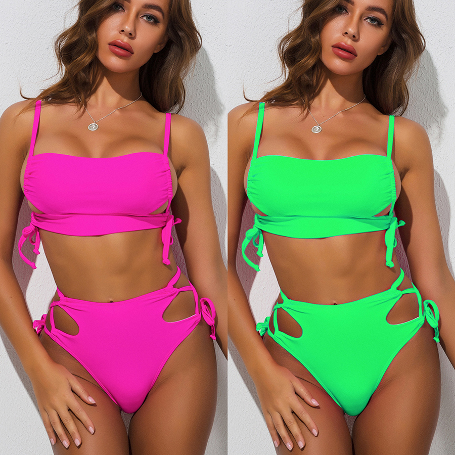 Fashion Fluorescent Green Hollow Solid Color One-piece Swimsuit,One Pieces