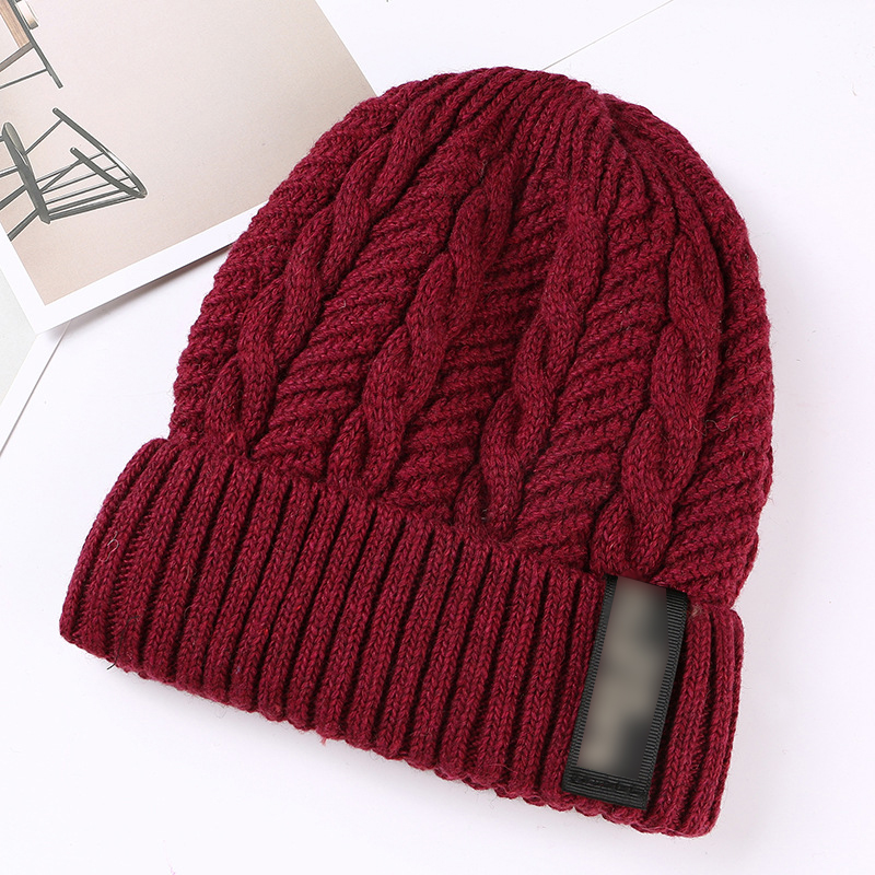 Fashion Purplish Red Letter Patch Double Layer Plus Velvet Mens Knitted Hat,Knitting Wool Hats