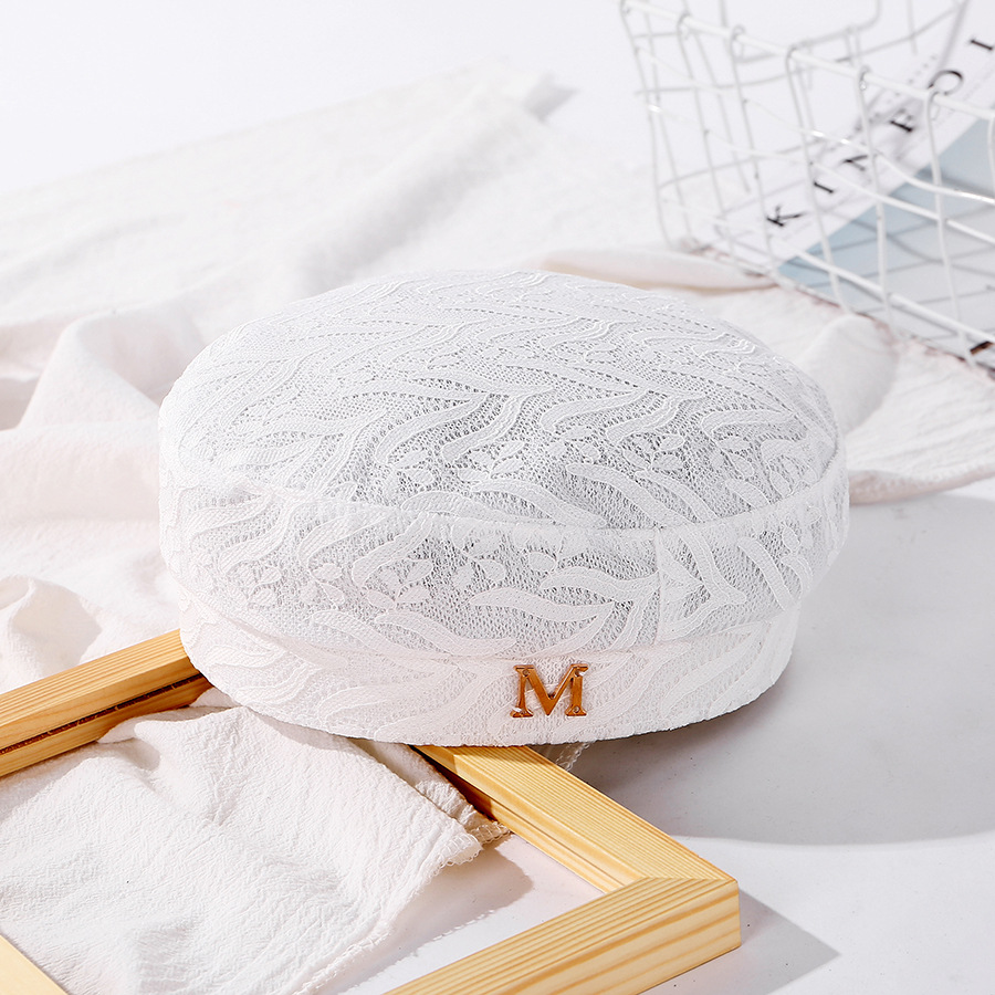 Fashion Milk White Lace Alphabet Embroidery Thin Breathable Beret,Beanies&Others