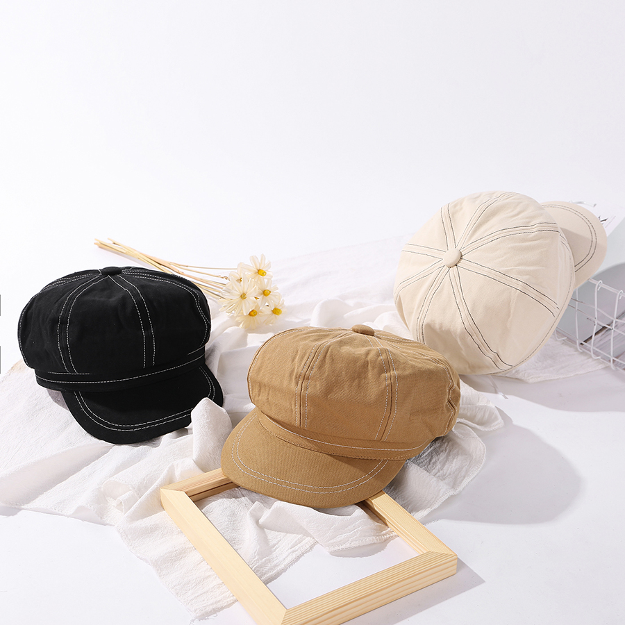 Fashion Milk White Solid Color Stitching Octagonal Cap,Beanies&Others