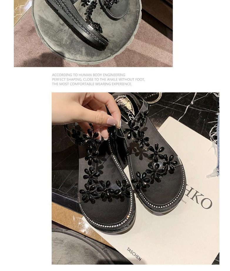 Fashion Black Flower Transparent Belt Muffin Heel Sandals,Slippers
