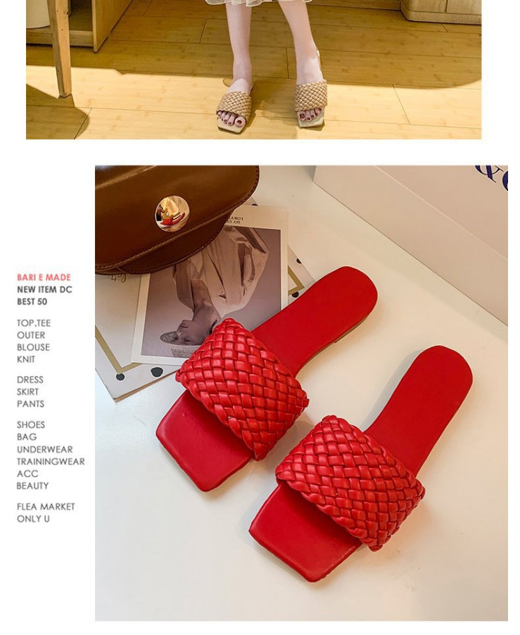 Fashion Red Woven Square Head Word Wear Flat Slippers,Slippers