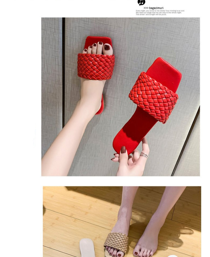 Fashion Red Woven Square Head Word Wear Flat Slippers,Slippers