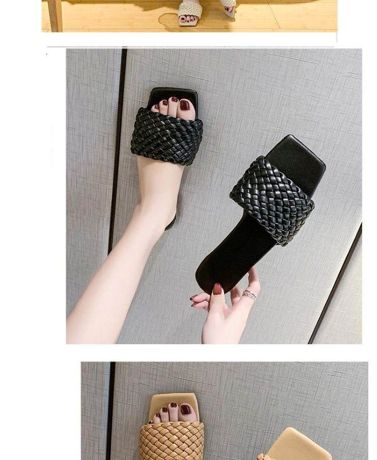 Fashion Black Woven Square Head Word Wear Flat Slippers,Slippers