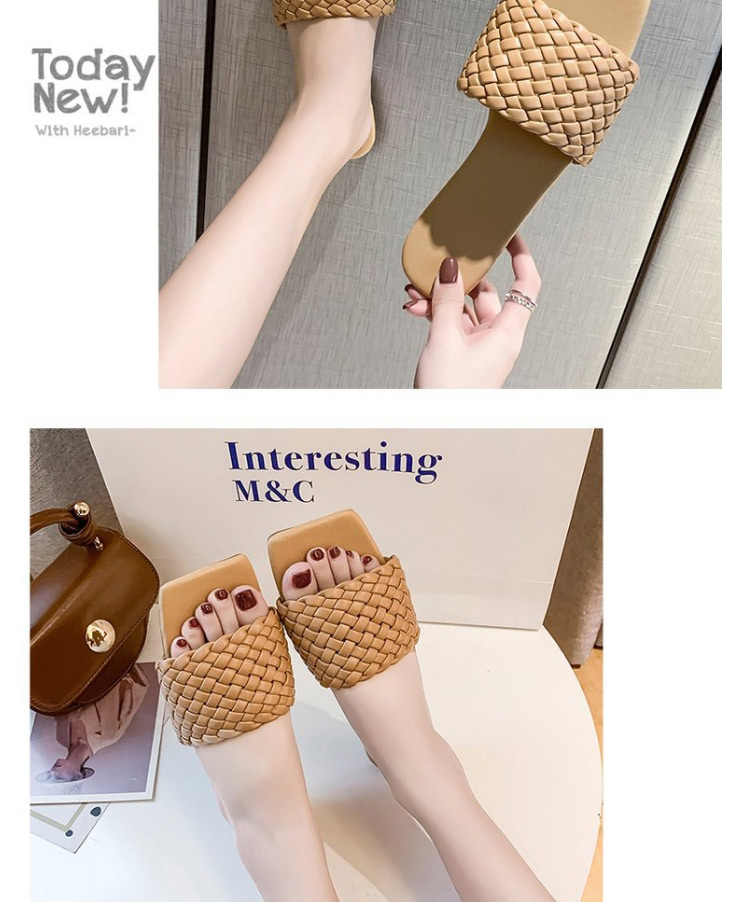 Fashion White Woven Square Head Word Wear Flat Slippers,Slippers