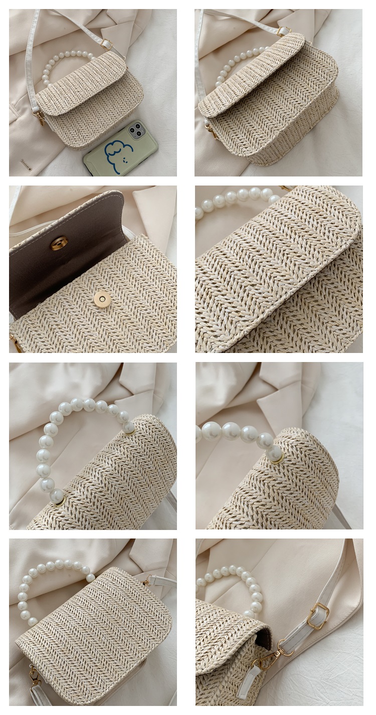 Fashion Khaki Straw Pearl Clamshell Shoulder Bag,Shoulder bags
