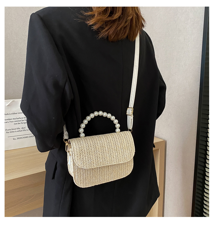 Fashion White Straw Pearl Clamshell Shoulder Bag,Shoulder bags