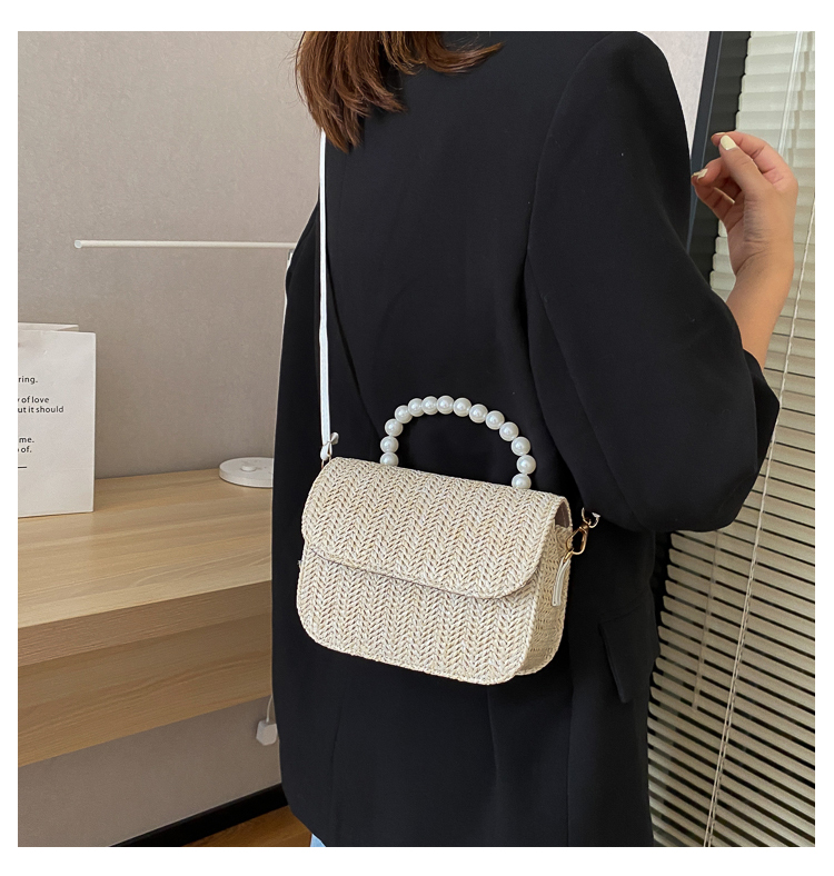 Fashion Khaki Straw Pearl Clamshell Shoulder Bag,Shoulder bags