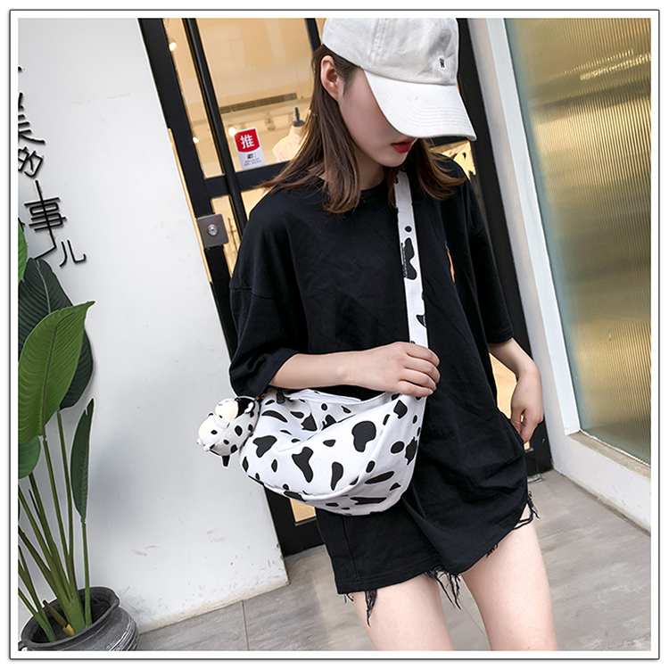 Fashion Black Large Capacity Canvas Cow Print Crossbody Bag,Shoulder bags