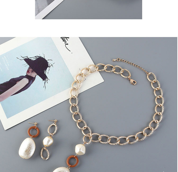 Fashion Coffee Pearl Resin Asymmetric Alloy Earring Necklace Set,Jewelry Sets