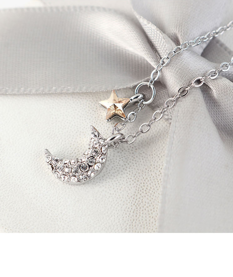 Fashion White Crystal Pentagram Moon Alloy Necklace,Crystal Necklaces