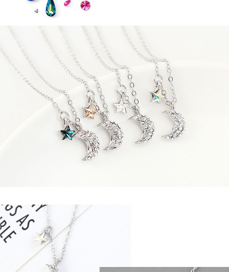 Fashion Blu-ray Crystal Pentagram Moon Alloy Necklace,Crystal Necklaces