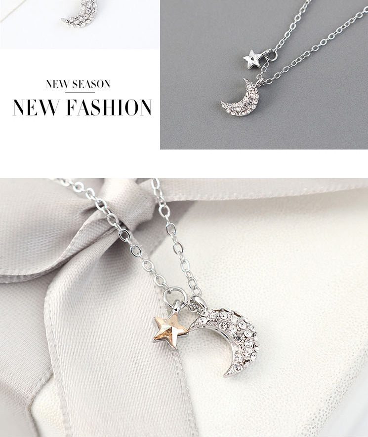 Fashion White Crystal Pentagram Moon Alloy Necklace,Crystal Necklaces